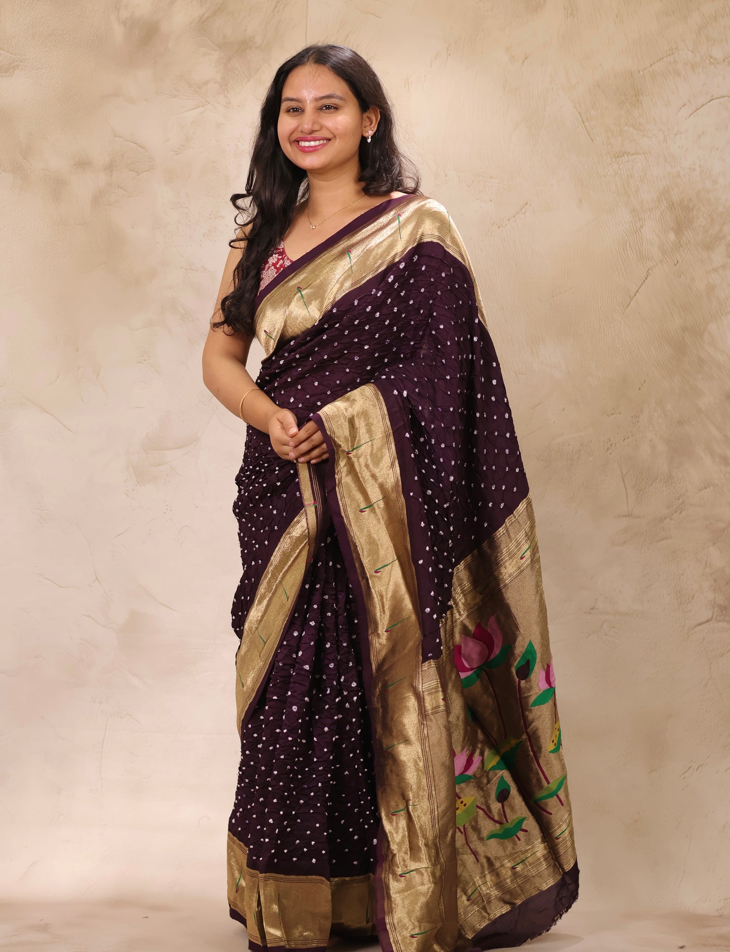 Deep Purple Handcrafted Bandhani Paithani Dola Silk Saree | Looms & Tassels