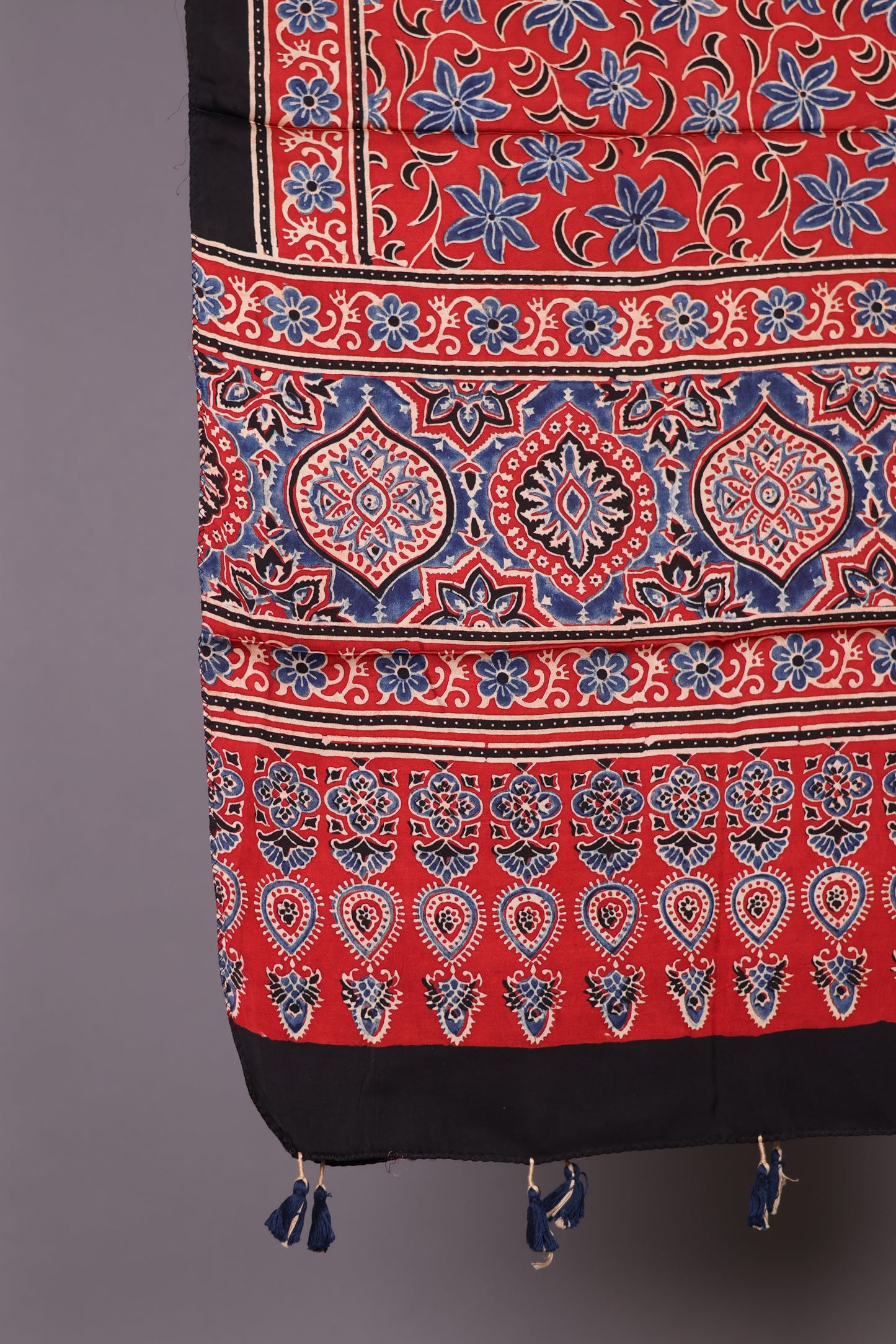 Red Ajrakh Hand Block Printed Modal Silk Stole | Looms & Tassels