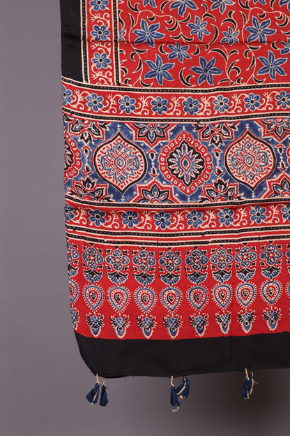 Red Ajrakh Hand Block Printed Modal Silk Stole | Looms & Tassels
