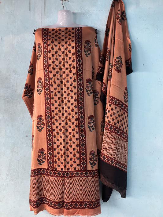 Rust Orange Ajrakh Handblock Printed Modal Silk 2 Piece Suit Set | Looms & Tassels
