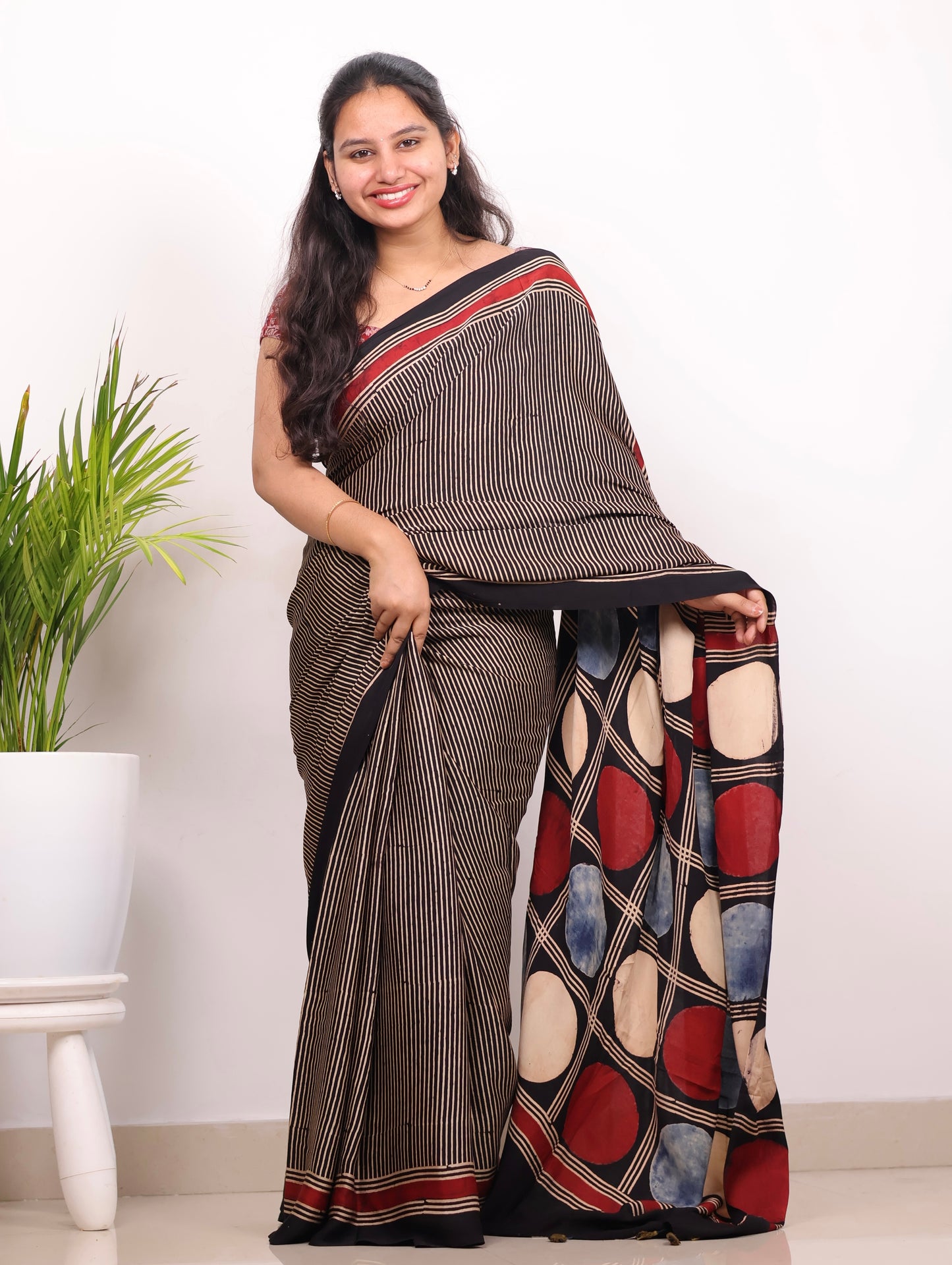 Black Stripes Contemporary Authentic Ajrakh Modal Silk Saree | Looms & Tassels