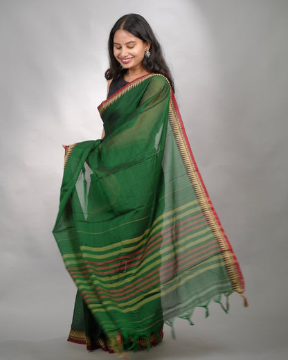 Bottle Green Narayanpet Cotton Saree With Temple Border | Looms & Tassels