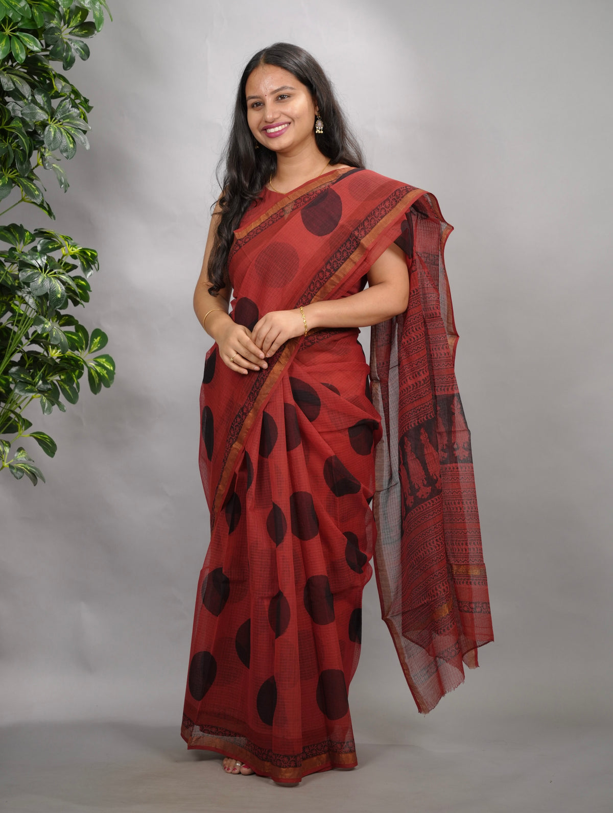 Rust Red Pure Kota Doria Saree with Bagru Handblock Prints