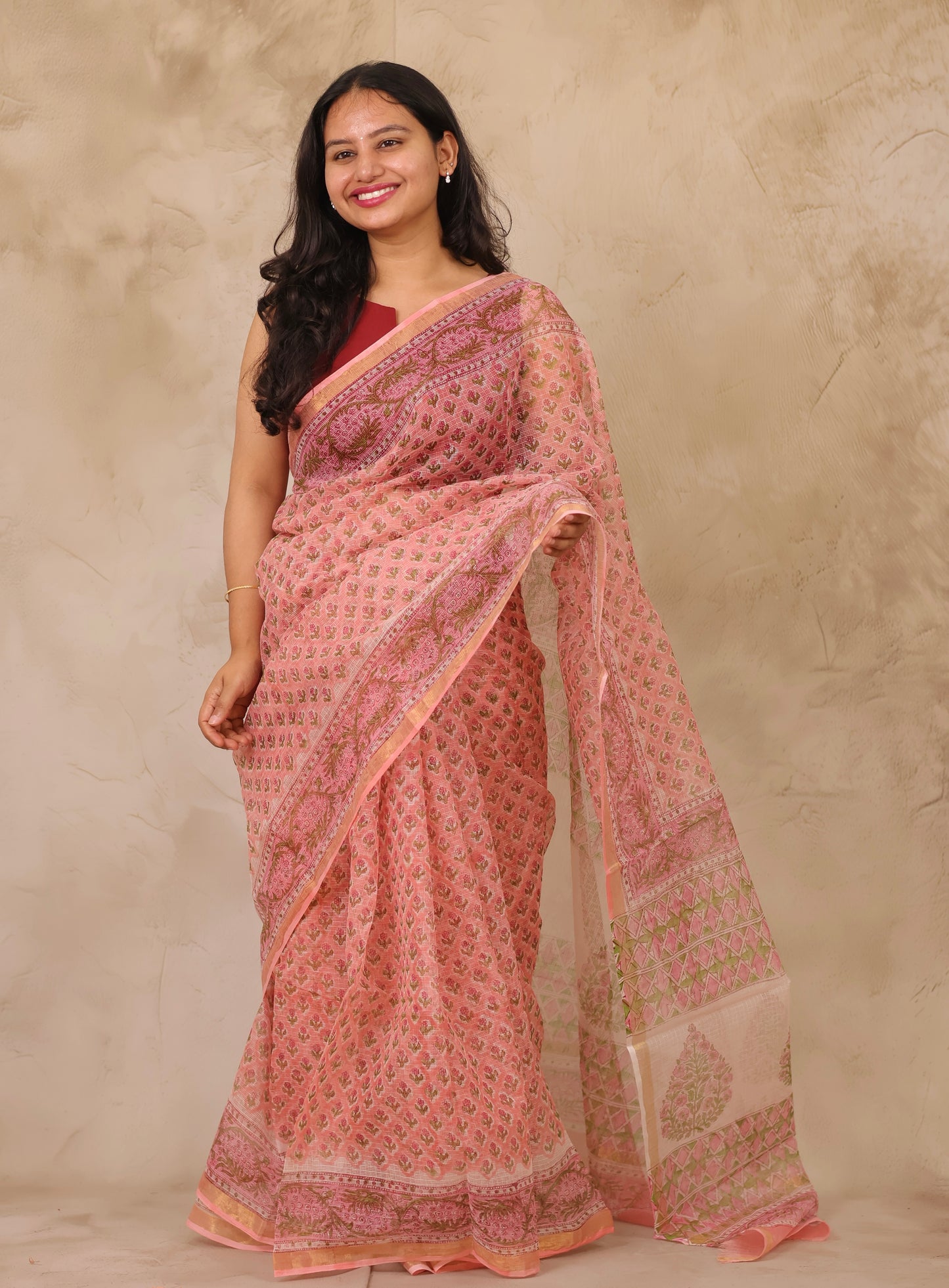 Peach Pure Kota Doria Saree with Bagru Handblock Prints | Looms & Tassels