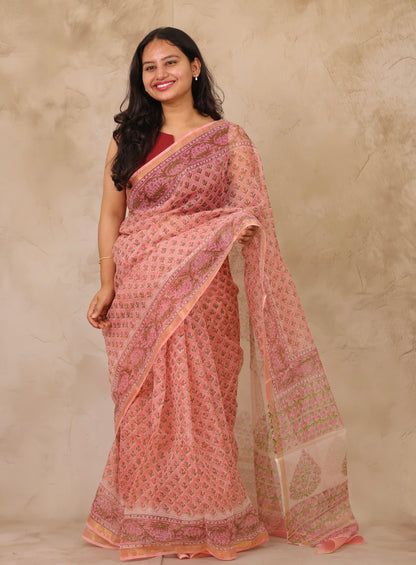 Peach Pure Kota Doria Saree with Bagru Handblock Prints | Looms & Tassels