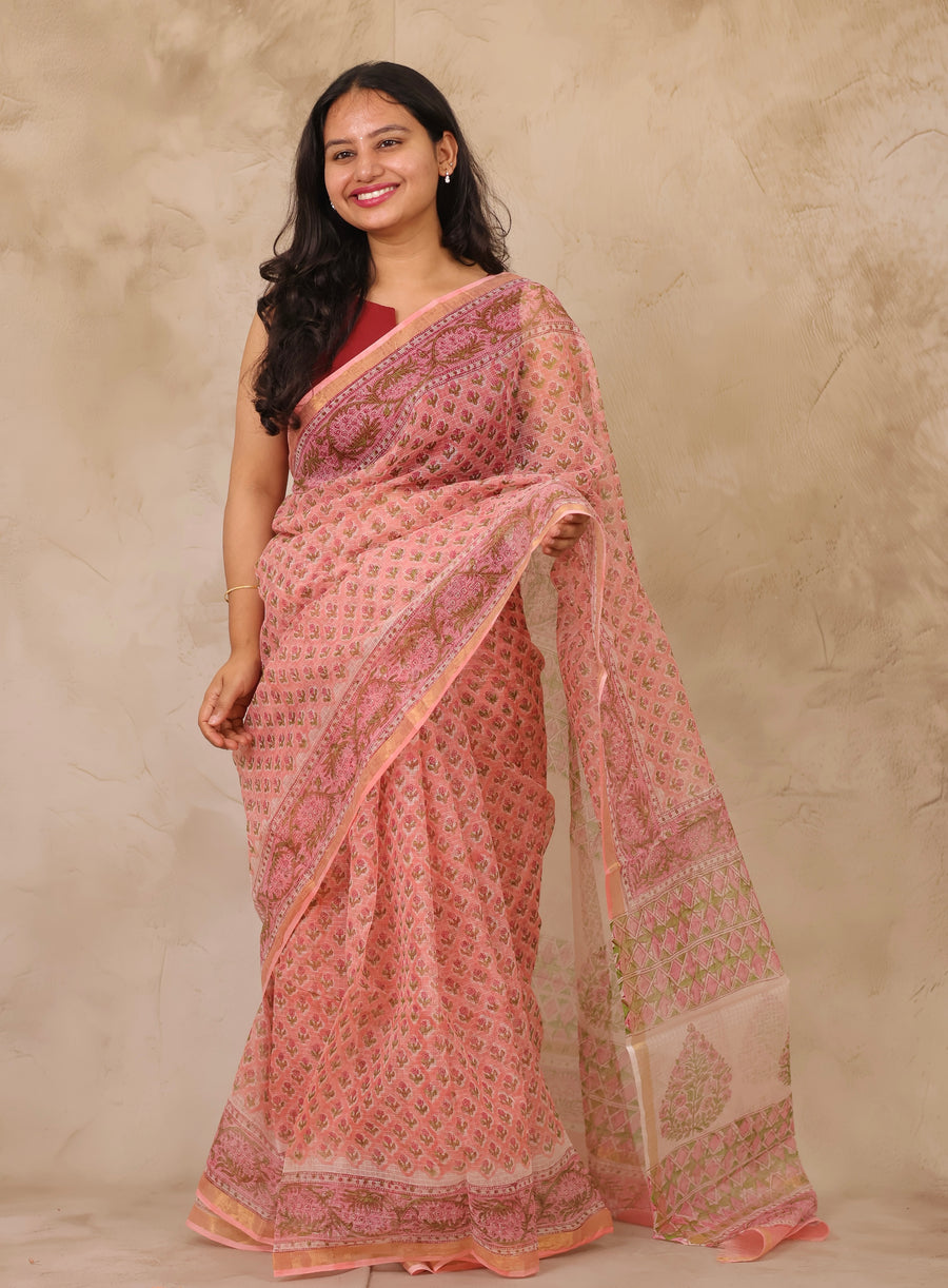 Peach Pure Kota Doria Saree with Bagru Handblock Prints | Looms & Tassels