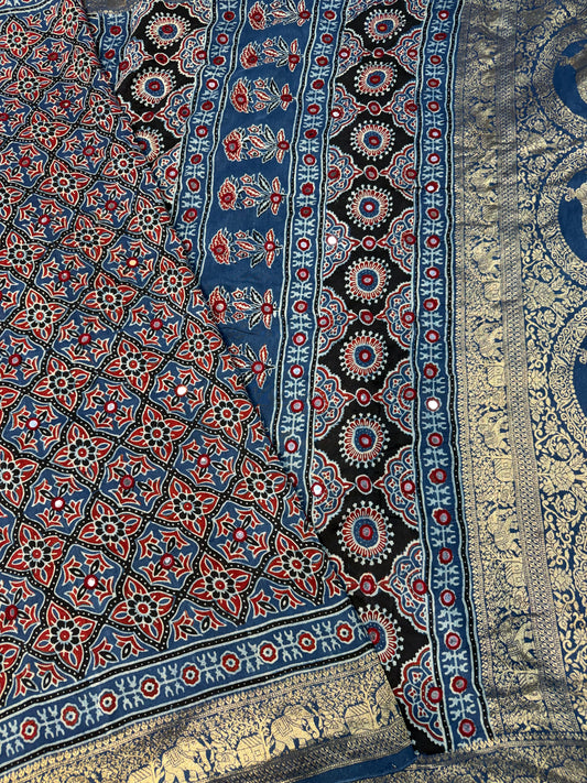 Indigo Handcrafted Ajrakh Dola Silk Saree with Authentic Banjara Mirror Work | Looms & Tassel