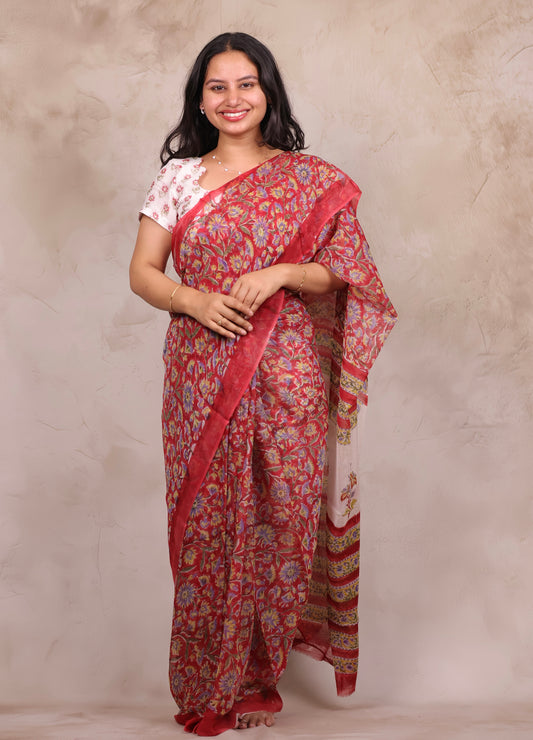 Red Chiffon Hand Block Printed Saree | Looms & Tassels