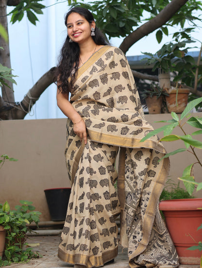 Cream & Grey Elephant Kalamkari Silk Handcrafted Nizam Border Saree