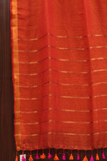 Orange Pure Handwoven Linen Saree