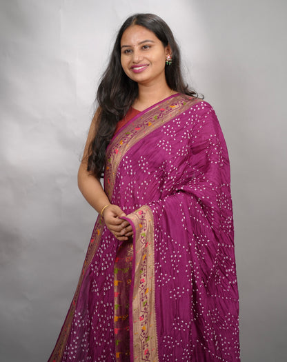 Magenta Handcrafted Pattern Bandhani Paithani Dola Silk Saree | Looms & Tassels