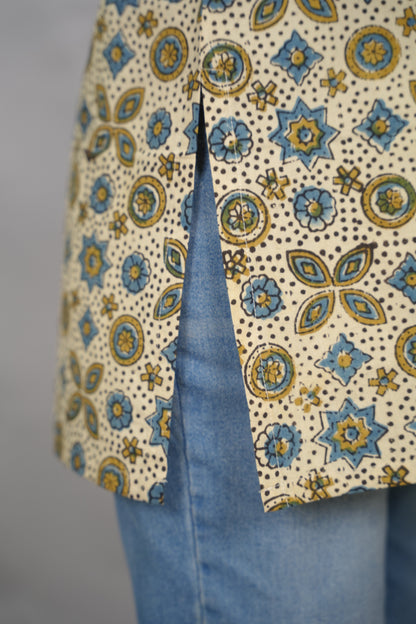 Cream Ajrakh Hand Block Printed Short Top