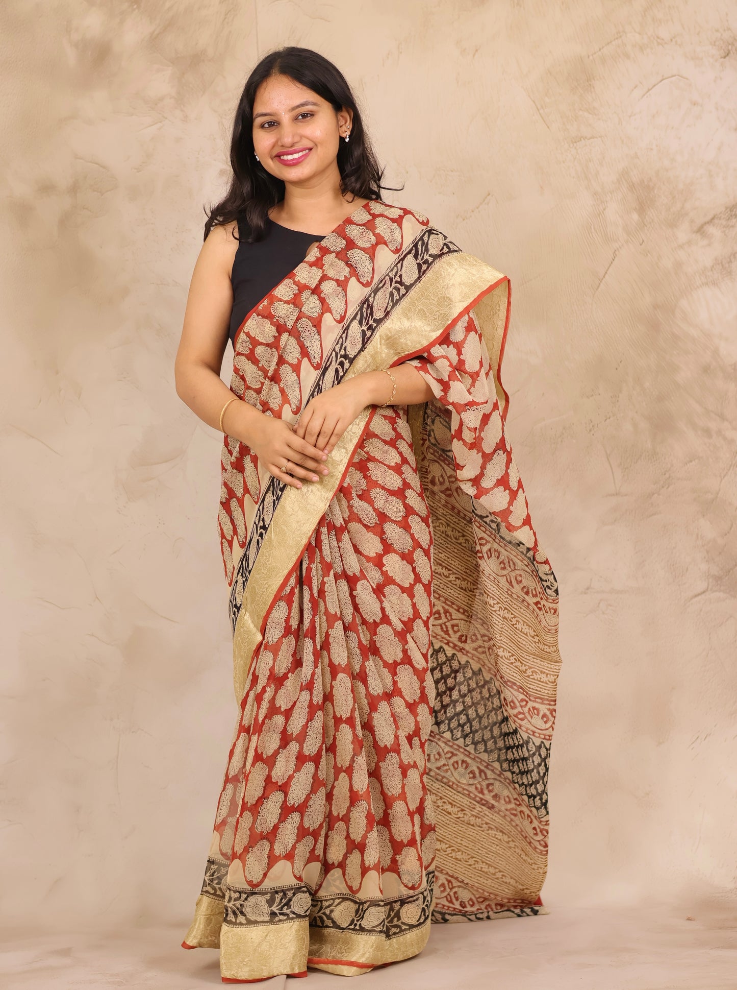 Maroon Chiffon Hand Block Printed Saree with Jari Border | Looms & Tassels