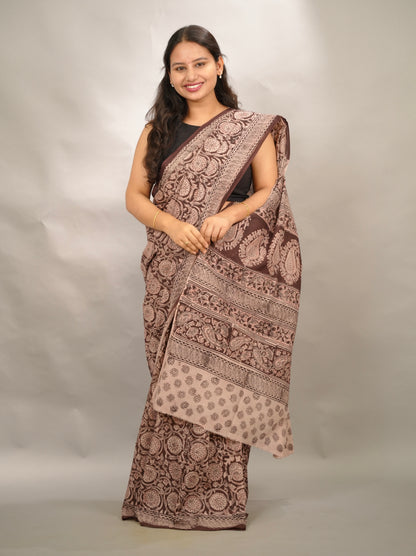 Maroon Hand Block Printed Kalamkari Cotton Saree | Looms & Tassels