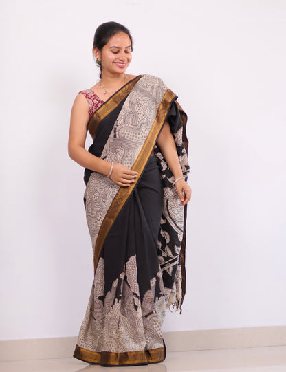 Black Nizam Border Kalamkari Silk Saree