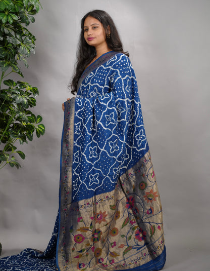 Blue Handcrafted  Pattern Bandhani Paithani Dola Silk Saree | Looms & Tassels