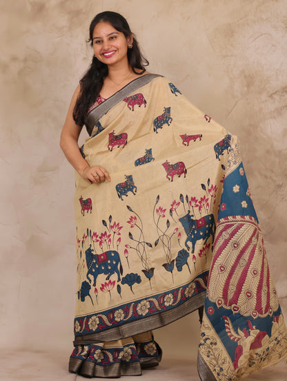 Cream Pichwai Design Kalamkari Nizam Border Chennur Silk Saree | Looms & Tassels