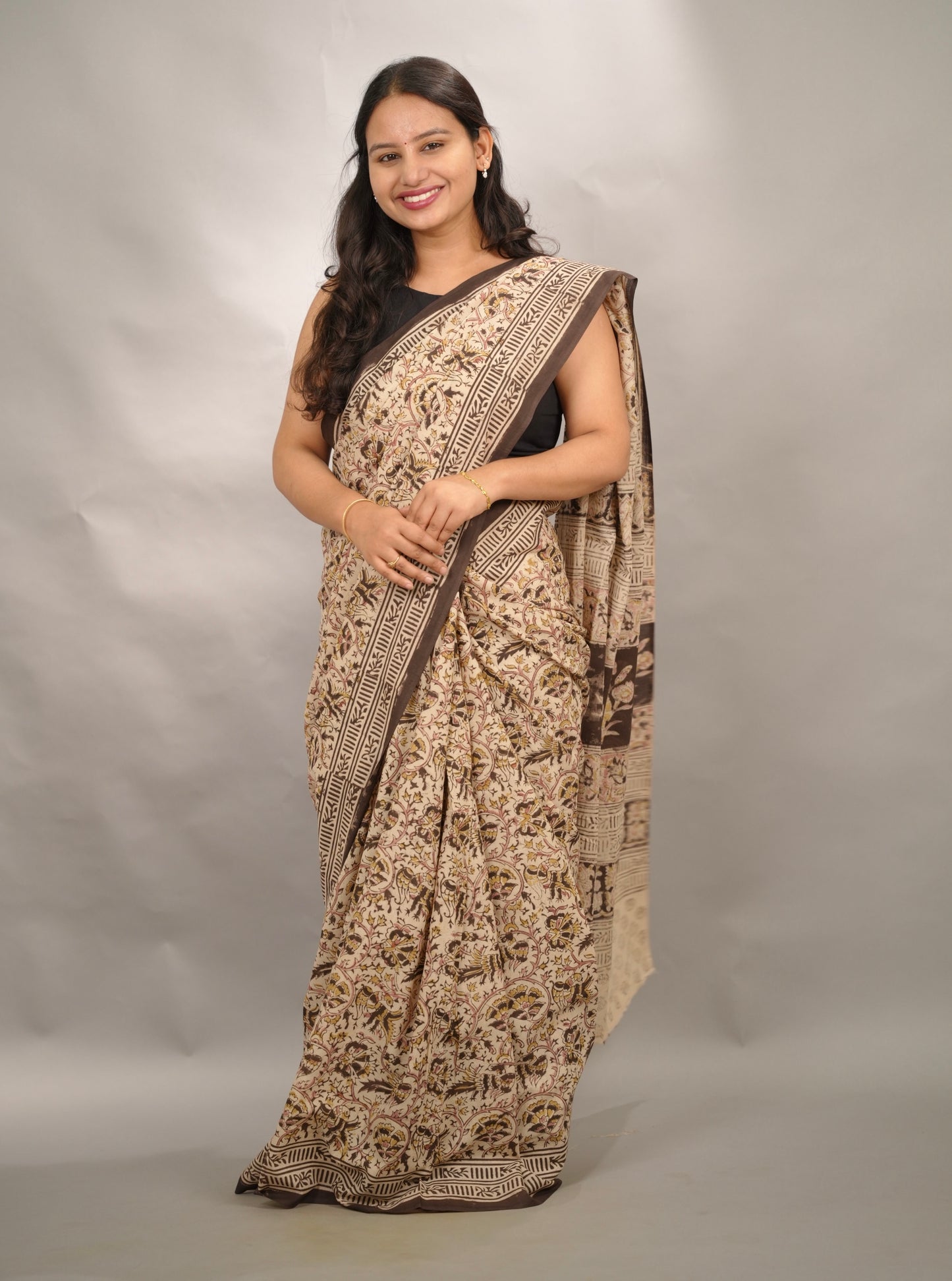 Cream Hand Block Printed Kalamkari Cotton Saree | Looms & Tassels