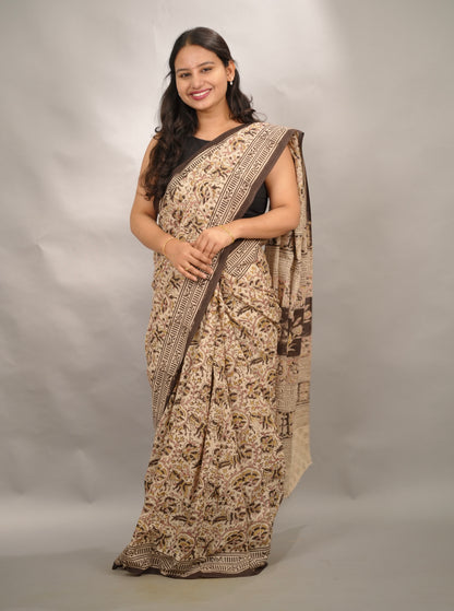 Cream Hand Block Printed Kalamkari Cotton Saree | Looms & Tassels