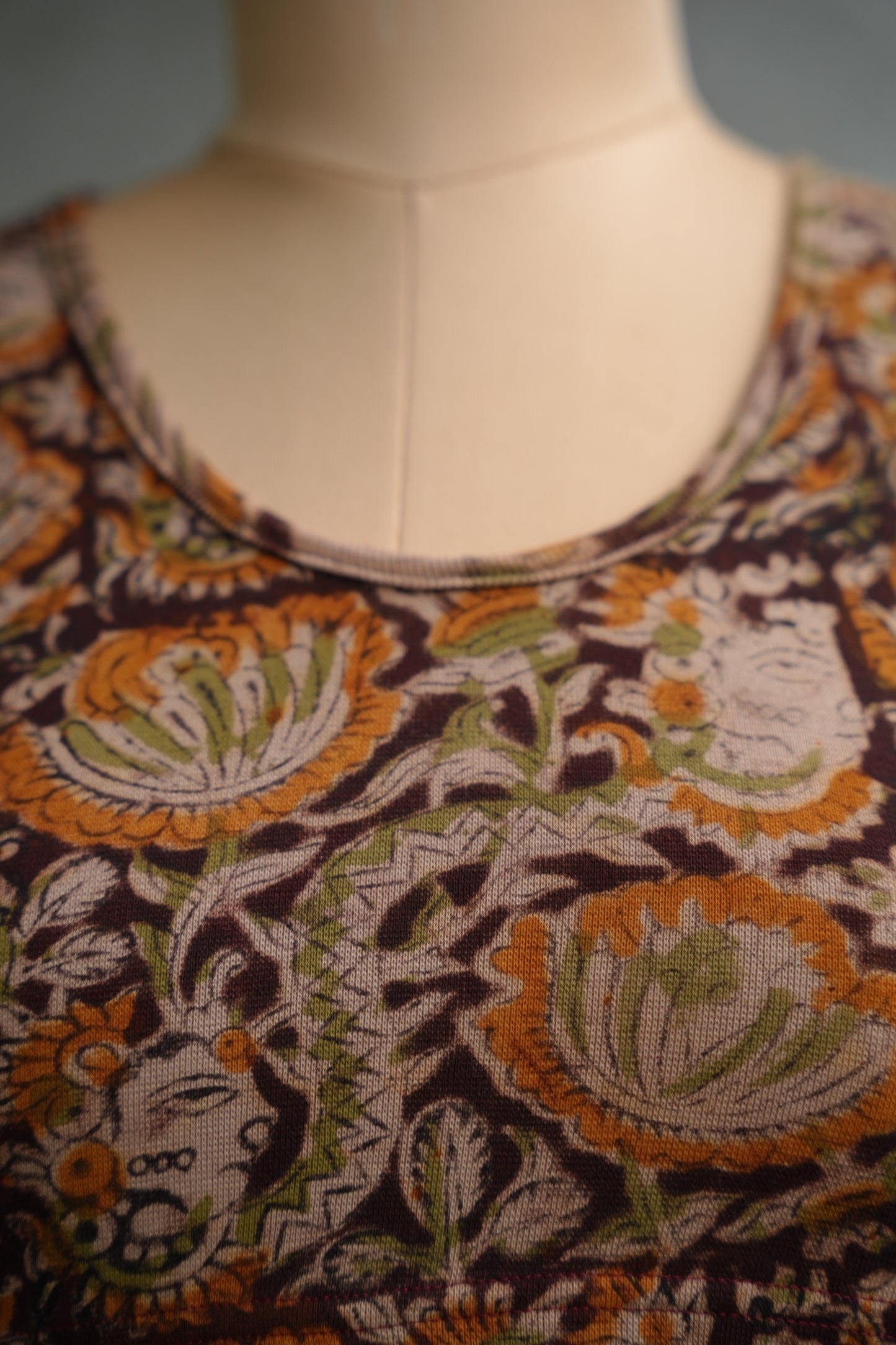 Brown Round Neck Stretchable Hand block printed kalamkari blouse