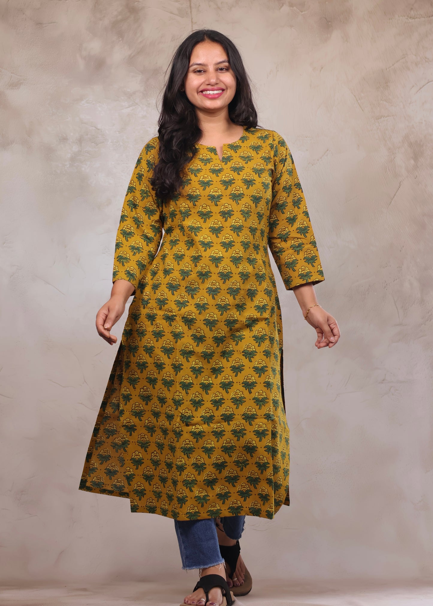 Yellow Ajrakh Hand Block Printed Kurti | Looms & Tassels