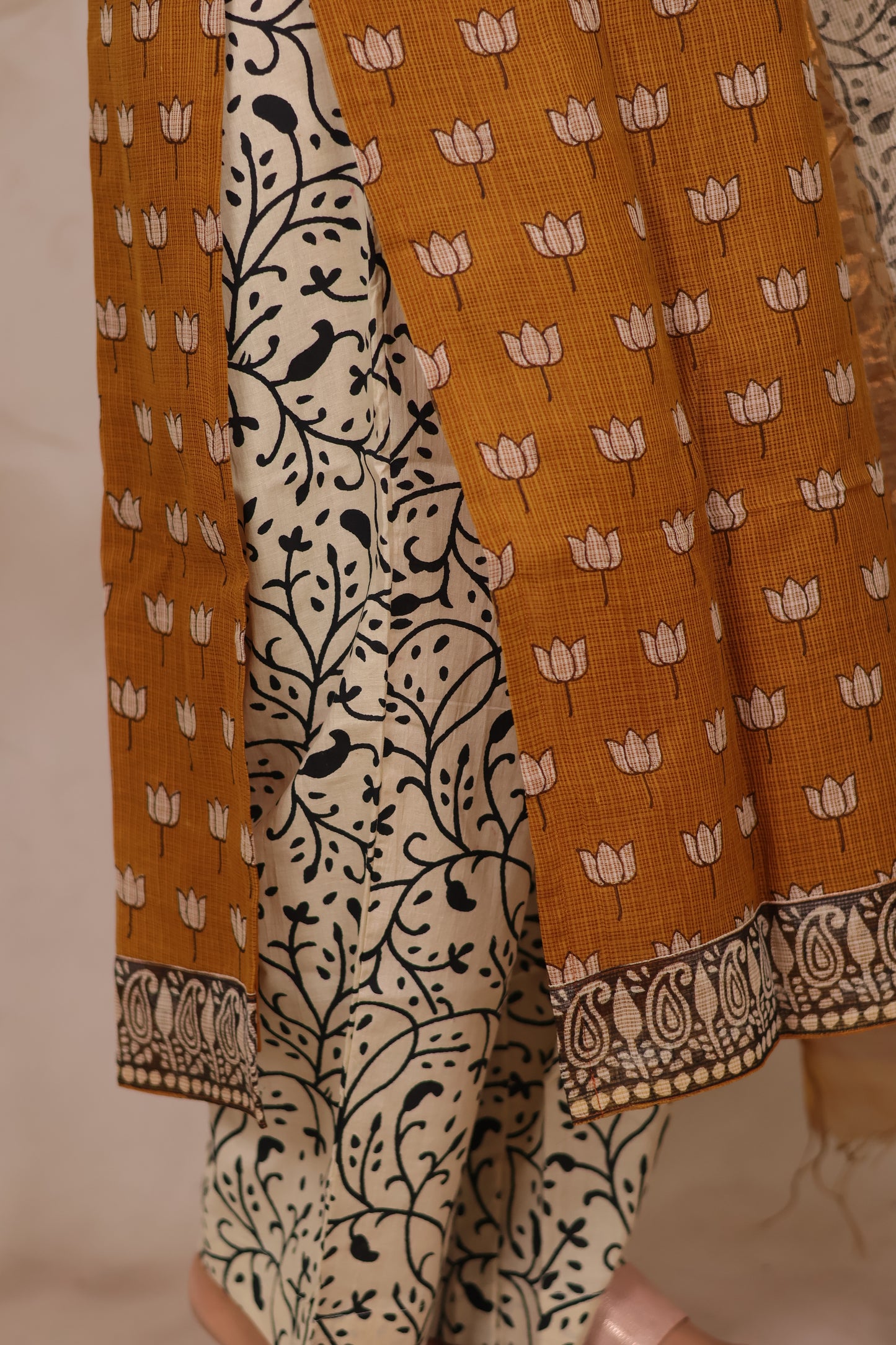Mustard Handblock printed kota 3 piece suit (stitched)