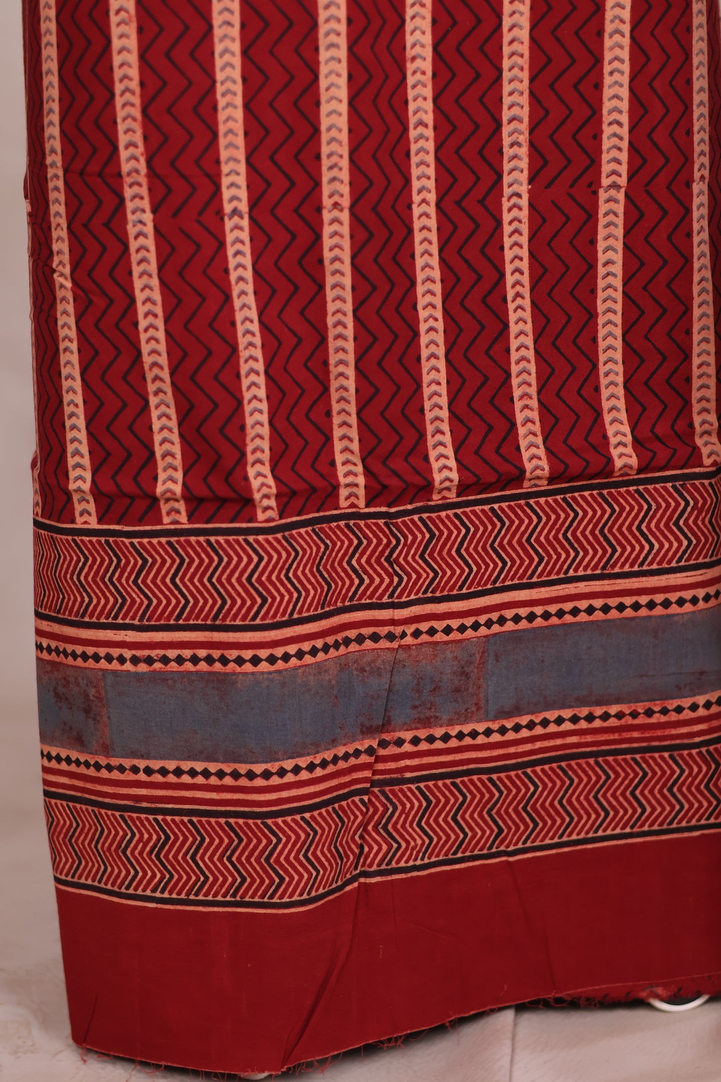 Maroon Stripes Ajrakh Handblock Printed Pure Cotton 3 piece suit set | Looms & Tassels