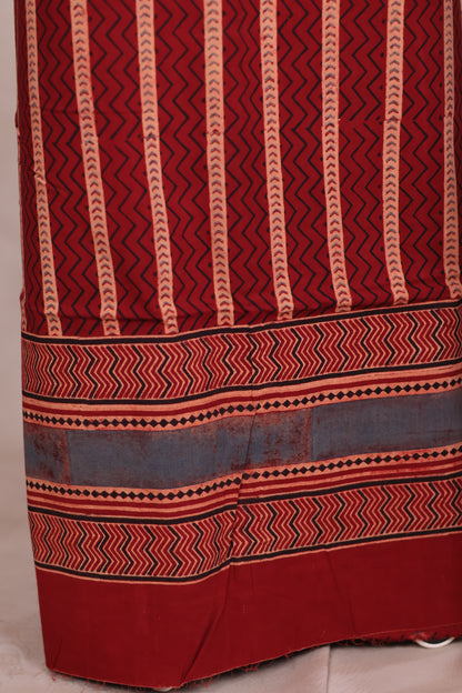 Maroon Stripes Ajrakh Handblock Printed Pure Cotton 3 piece suit set | Looms & Tassels