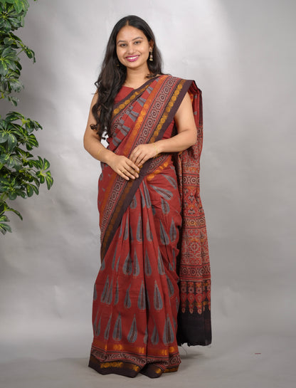 Maroon Ajrakh Hand Block Printed Sungudi Cotton Saree | Looms & Tassels