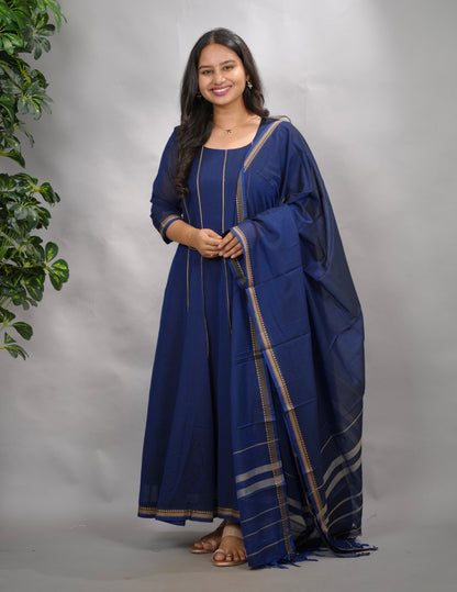 Blue Narayanpet Cotton Anarkali Dress with Narayanpet Dupatta | Looms & Tassels