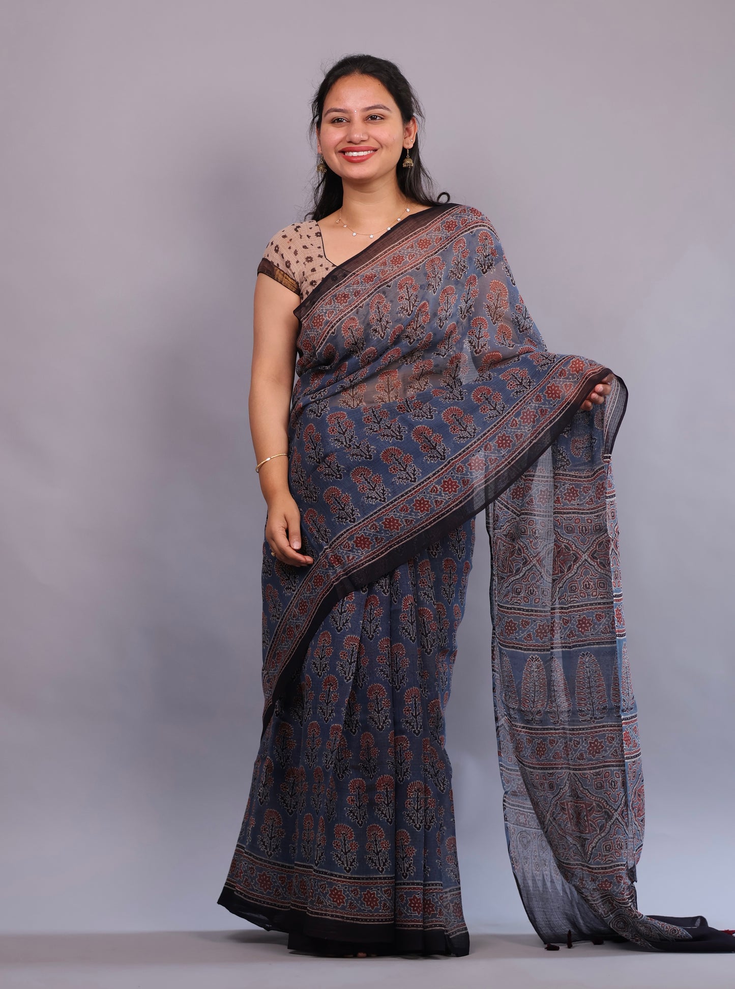 Indigo Ajrakh Hand Block Printed Kota Doria Saree | Looms & Tassels