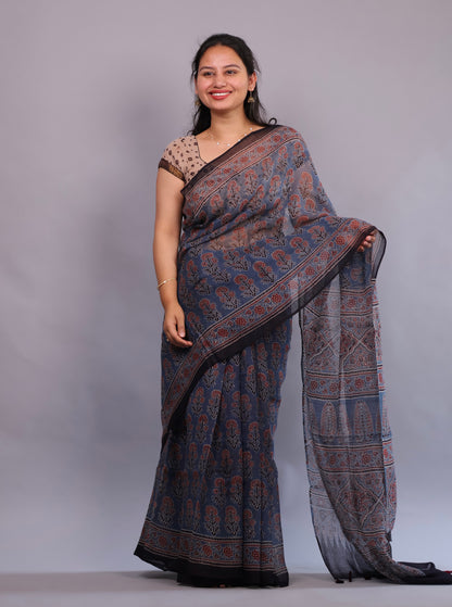 Indigo Ajrakh Hand Block Printed Kota Doria Saree | Looms & Tassels