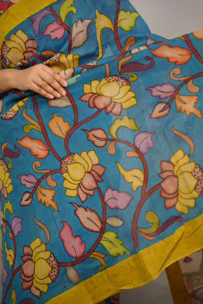 Hand Drawn Pen Kalamkari Rama Blue And Yellow Bangalore Silk Gicha Border Saree | Looms & Tassels