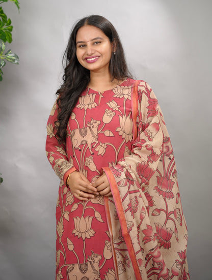 Pink Pichwai Kalamkari Kota Cotton 3 piece suit set (stitched) | Looms & Tassels