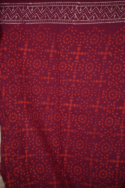 Maroon Bagru Handblock printed MulMul cotton saree | Looms & Tassels