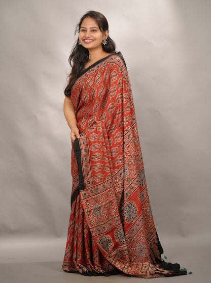 Maroon Authentic Ajrakh Handblock Printed Modal Silk Saree | Looms & Tassels
