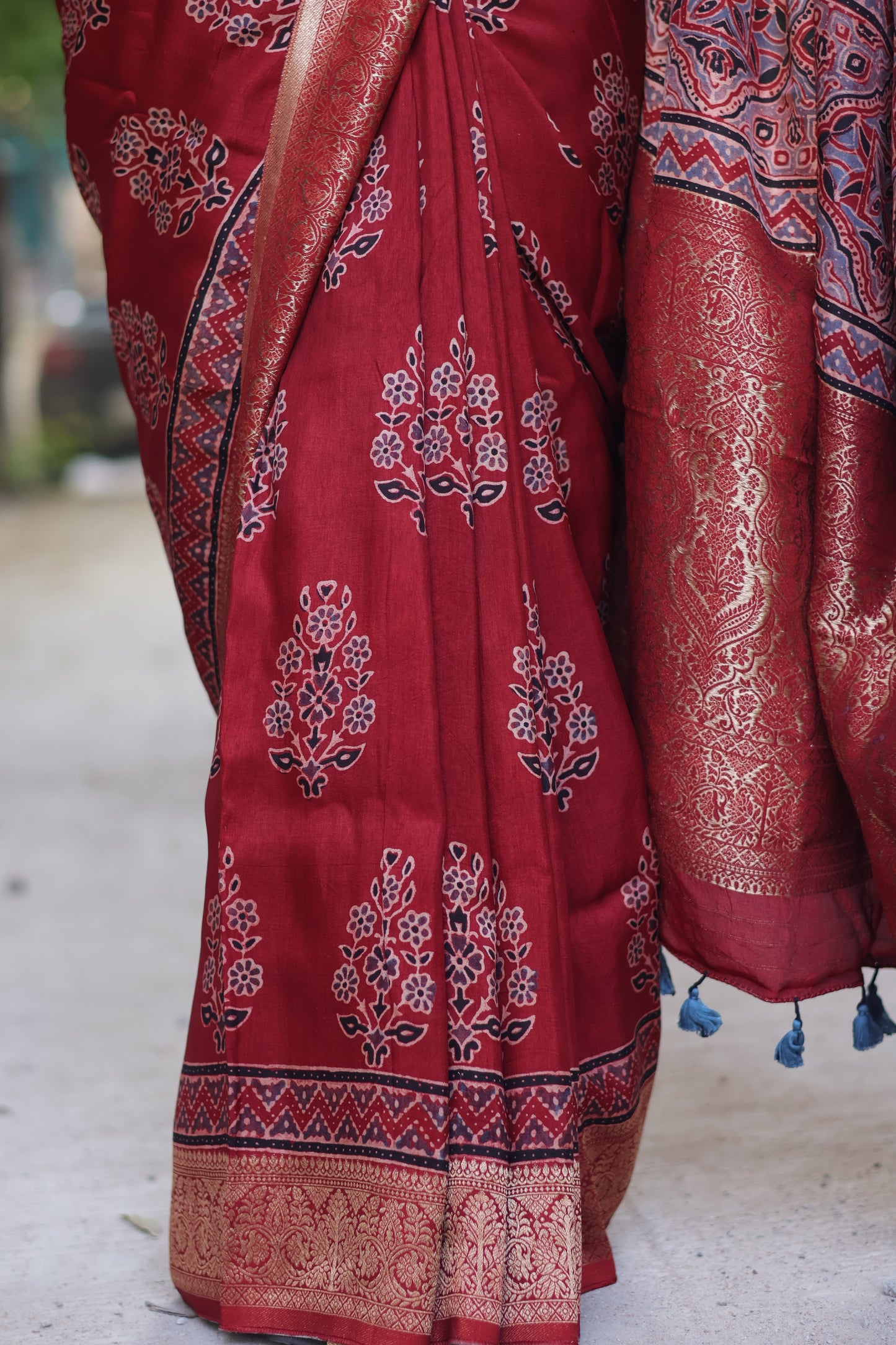 Maroon Butta Ajrakh Handblock Printed Dola Silk Saree