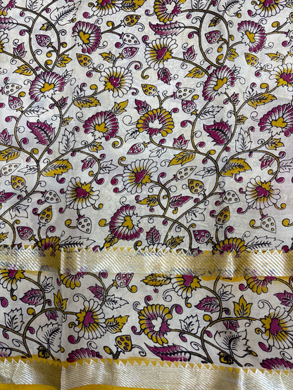 Golden Yellow Checks Kalamkari dyeing premium chennur silk saree