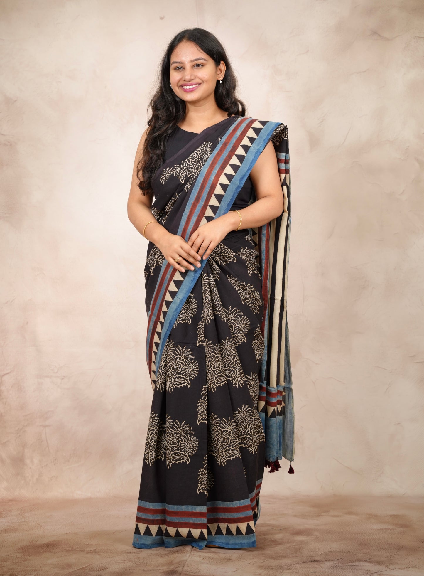 Black Ajrakh Hand Block Printed Cotton Saree | Looms & Tassels