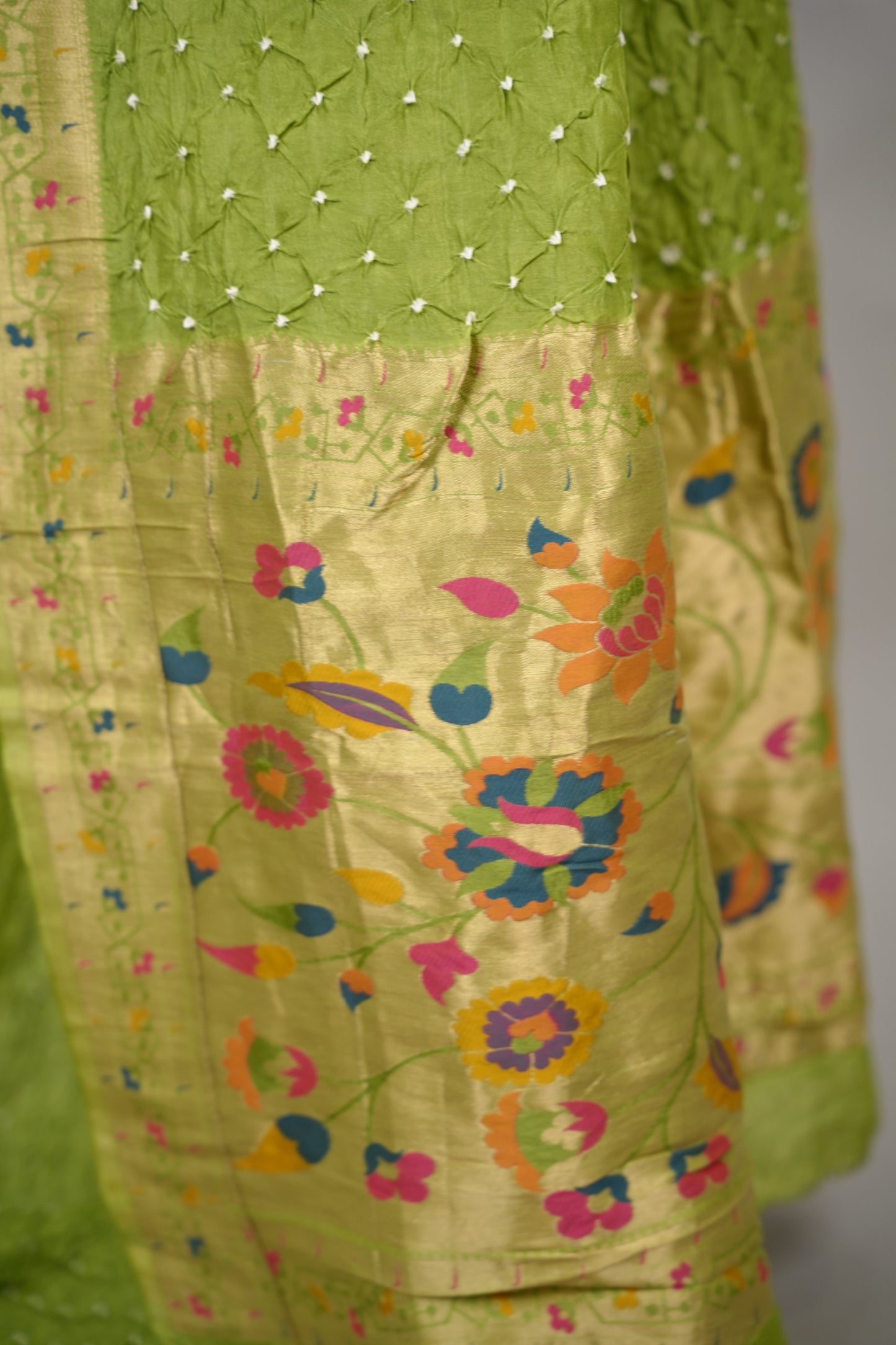 Parrot Green Handcrafted Bandhani Paithani Dola Silk Saree | Looms & Tassels
