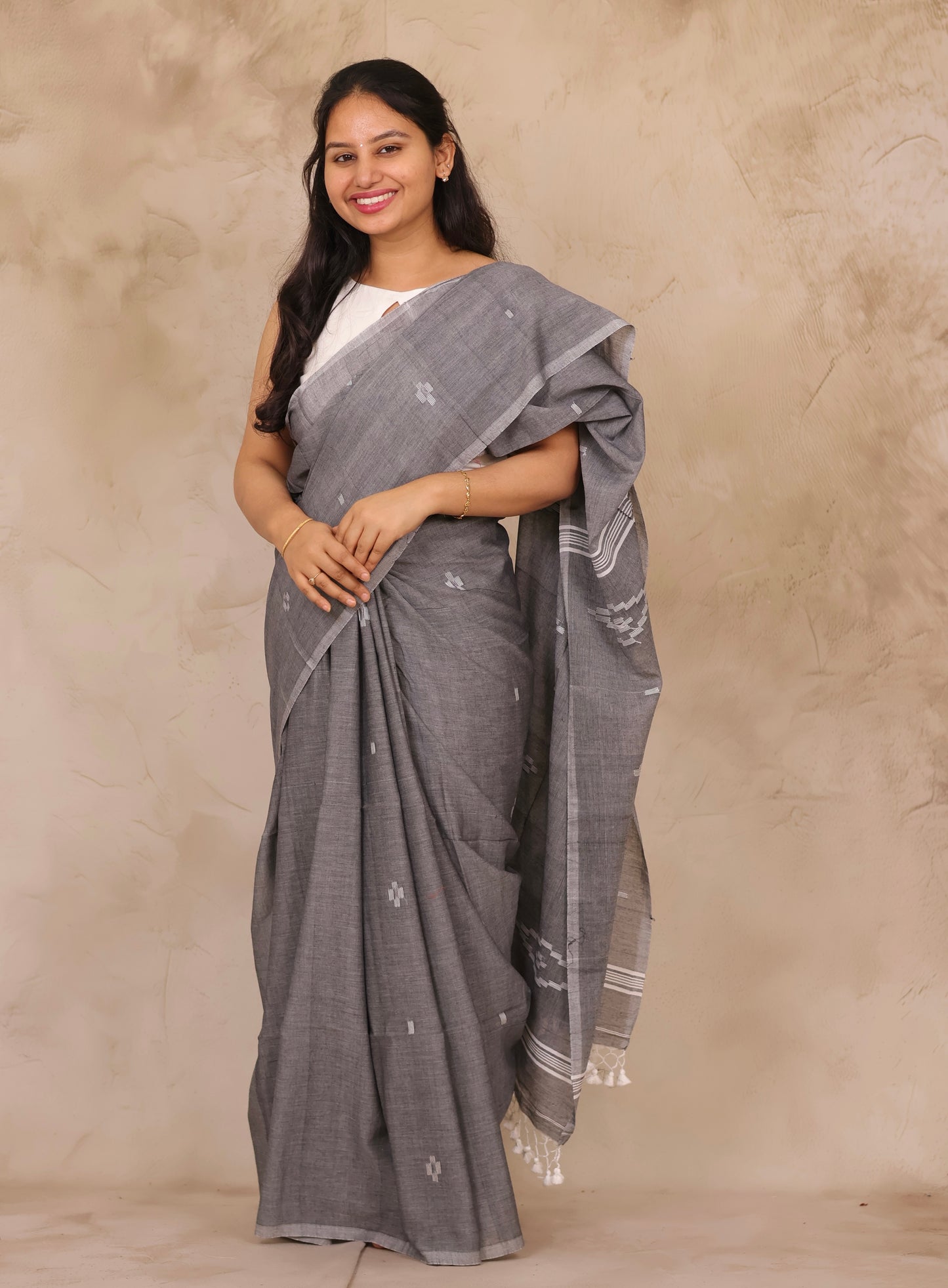 Gray Malai Cotton Saree with Butta Weaving | Looms & Tassels