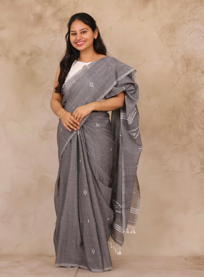 Gray Malai Cotton Saree with Butta Weaving | Looms & Tassels