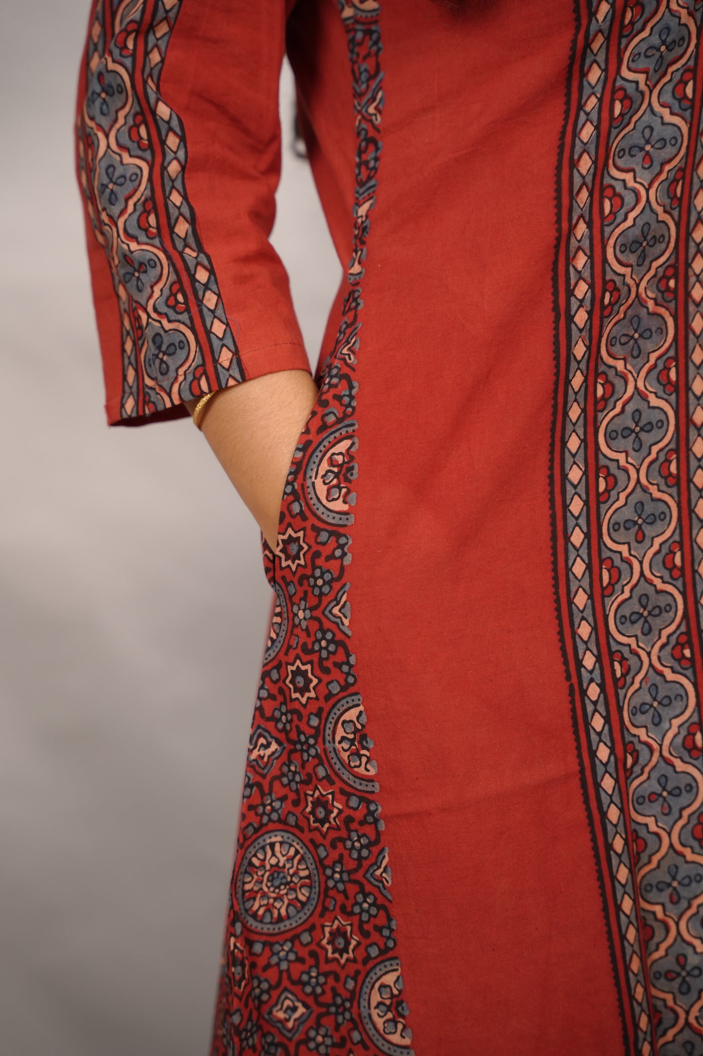Red Ajrakh Pattern Hand Block printed Kurti | Looms & Tassels