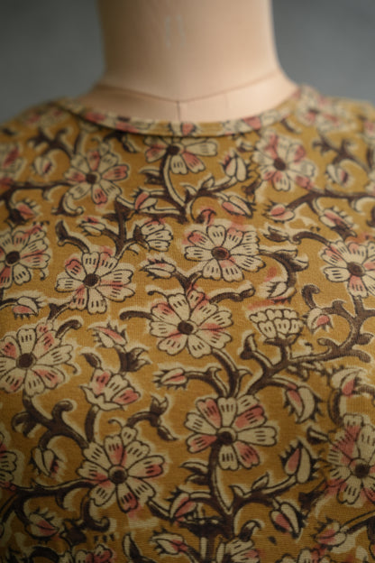 Mustard Boat Neck Stretchable Hand block printed kalamkari blouse