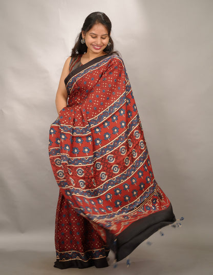 Maroon Authentic Ajrakh Handblock Printed Modal Silk Saree | Looms & Tassels