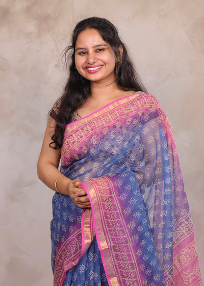 Blue And Rani pink Dual Shade Pure Kota Doria Saree with Bagru Handblock Prints | Looms & Tassels
