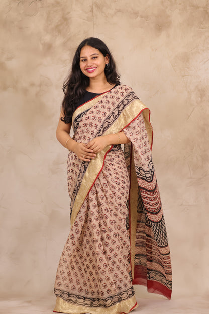 Cream Chiffon Hand Block Printed Saree with Jari Border | Looms & Tassels