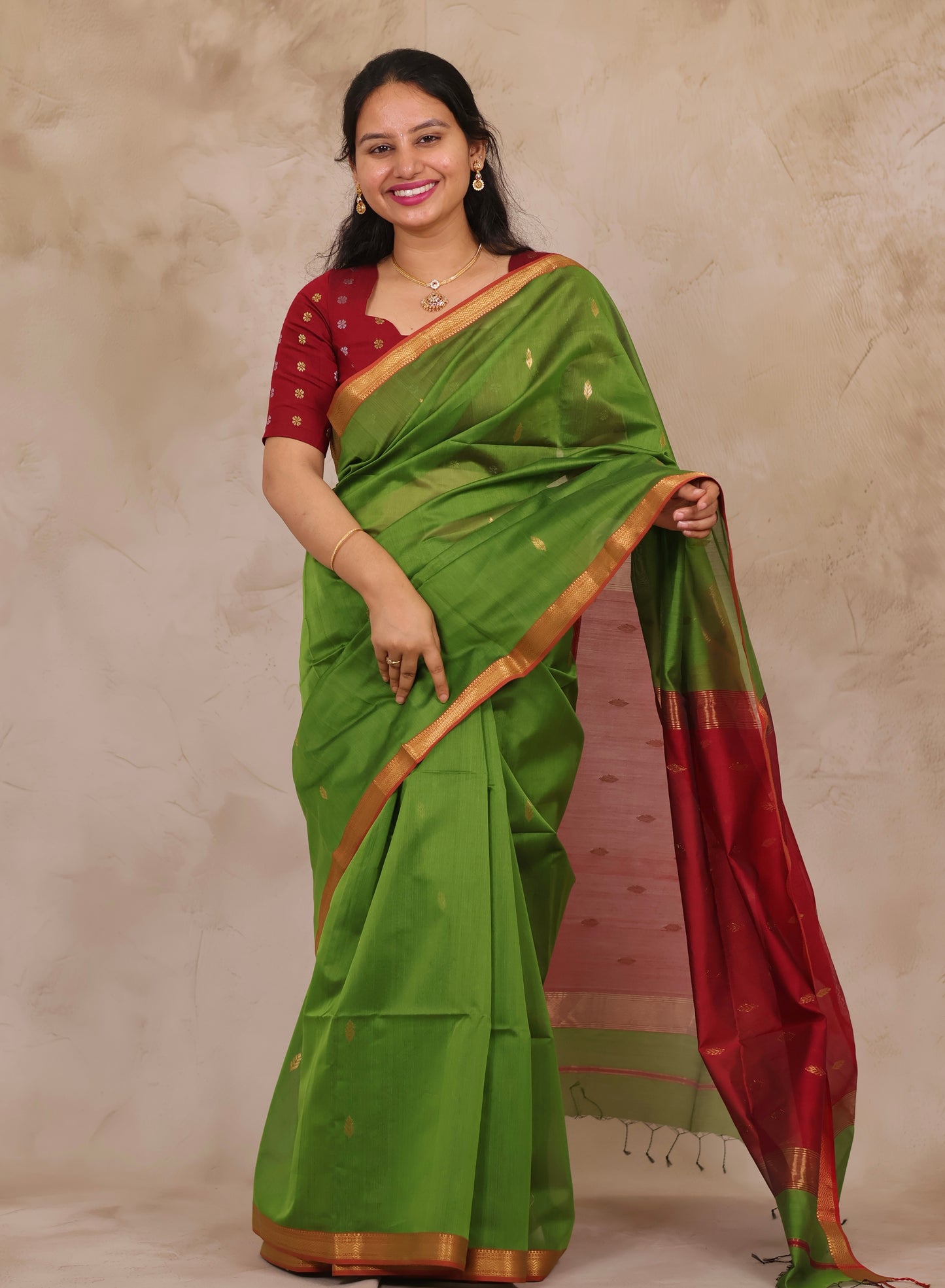 Green & Red Handloom Maheswari Silk Cotton Sarees | Looms & Tassels