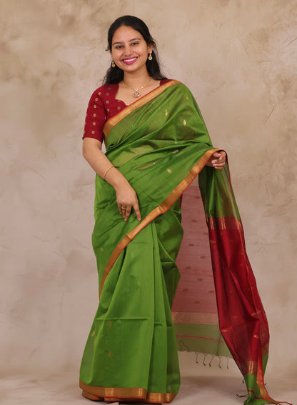 Green & Red Handloom Maheswari Silk Cotton Sarees | Looms & Tassels