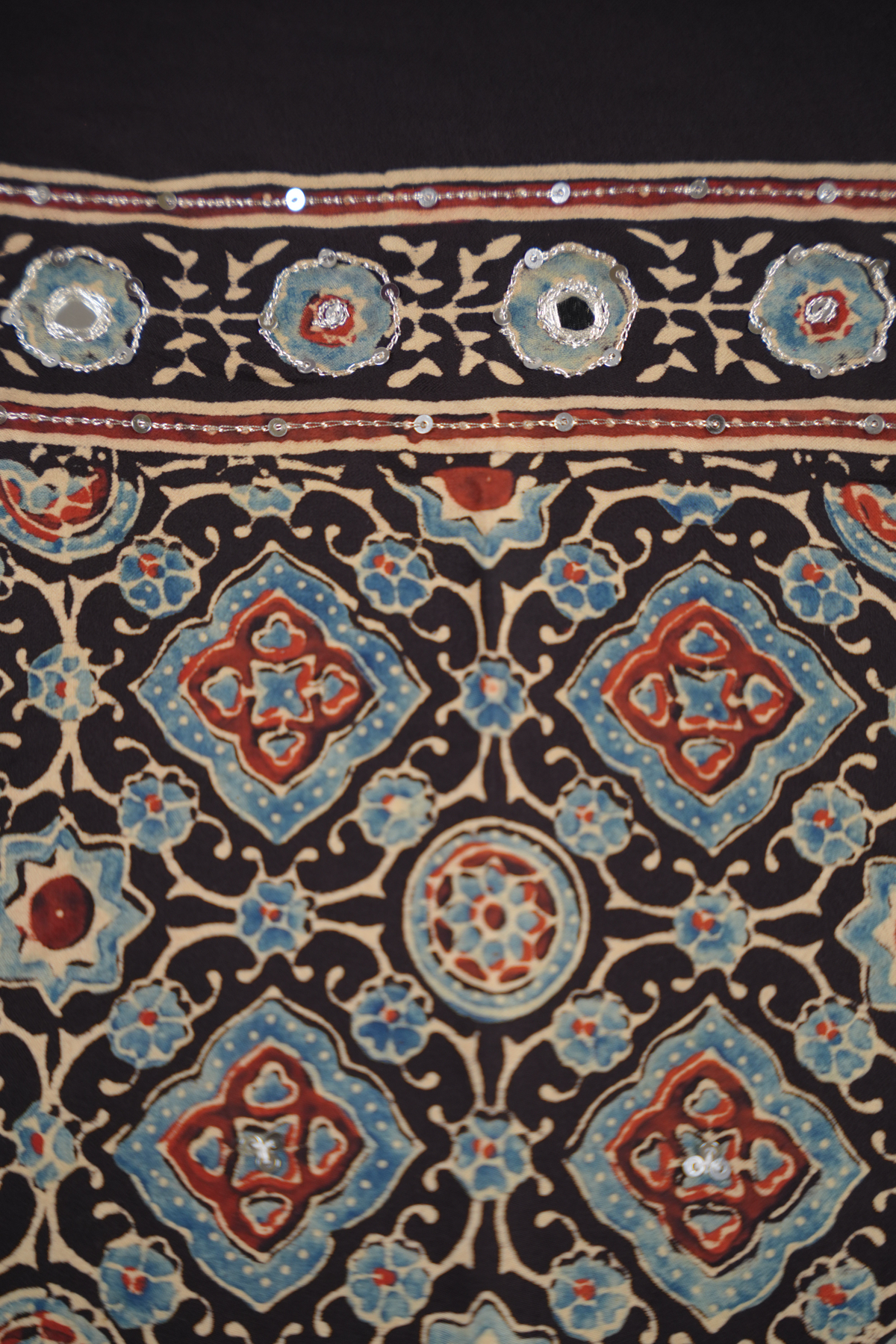 Black Ajrakh Modal Silk Hand Embroidery Saree  | Looms & Tassels